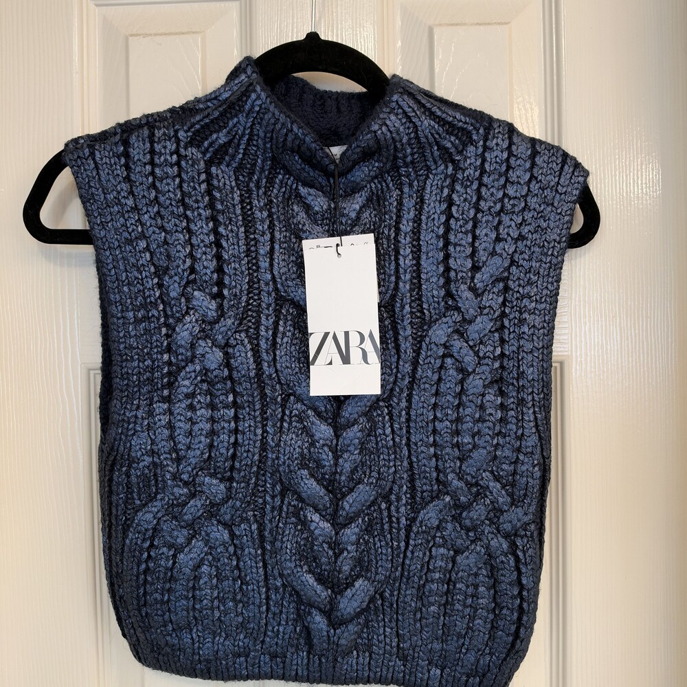 ZARA Cable Knit Sweater Vest Size M Blue Sleeveless Knitwear